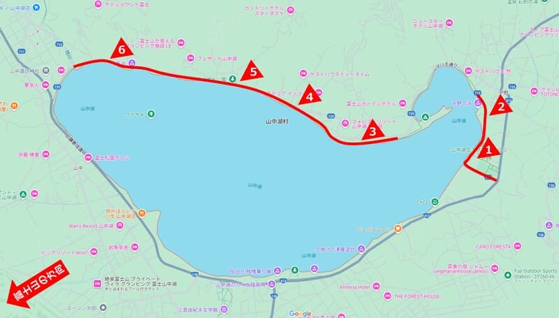 山中湖の富士山ビューポイントのマップ