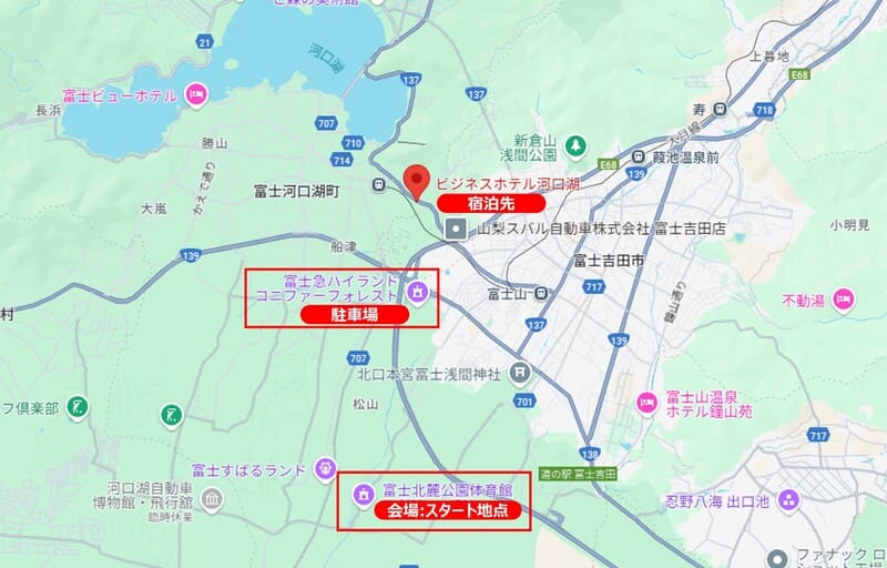 ビジネスホテル河口湖や駐車場の富士急ハイランドコニファーフォレストのマップ
