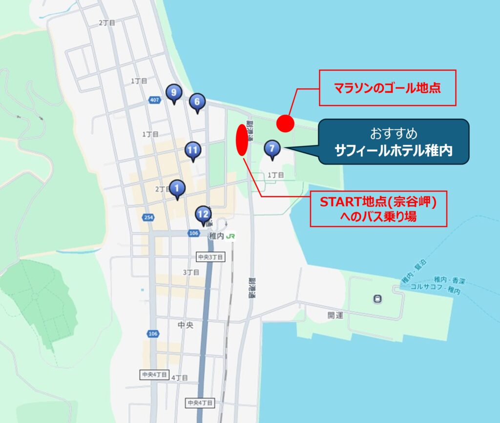 JR稚内駅周辺のおすすめ宿泊施設入りのマップ